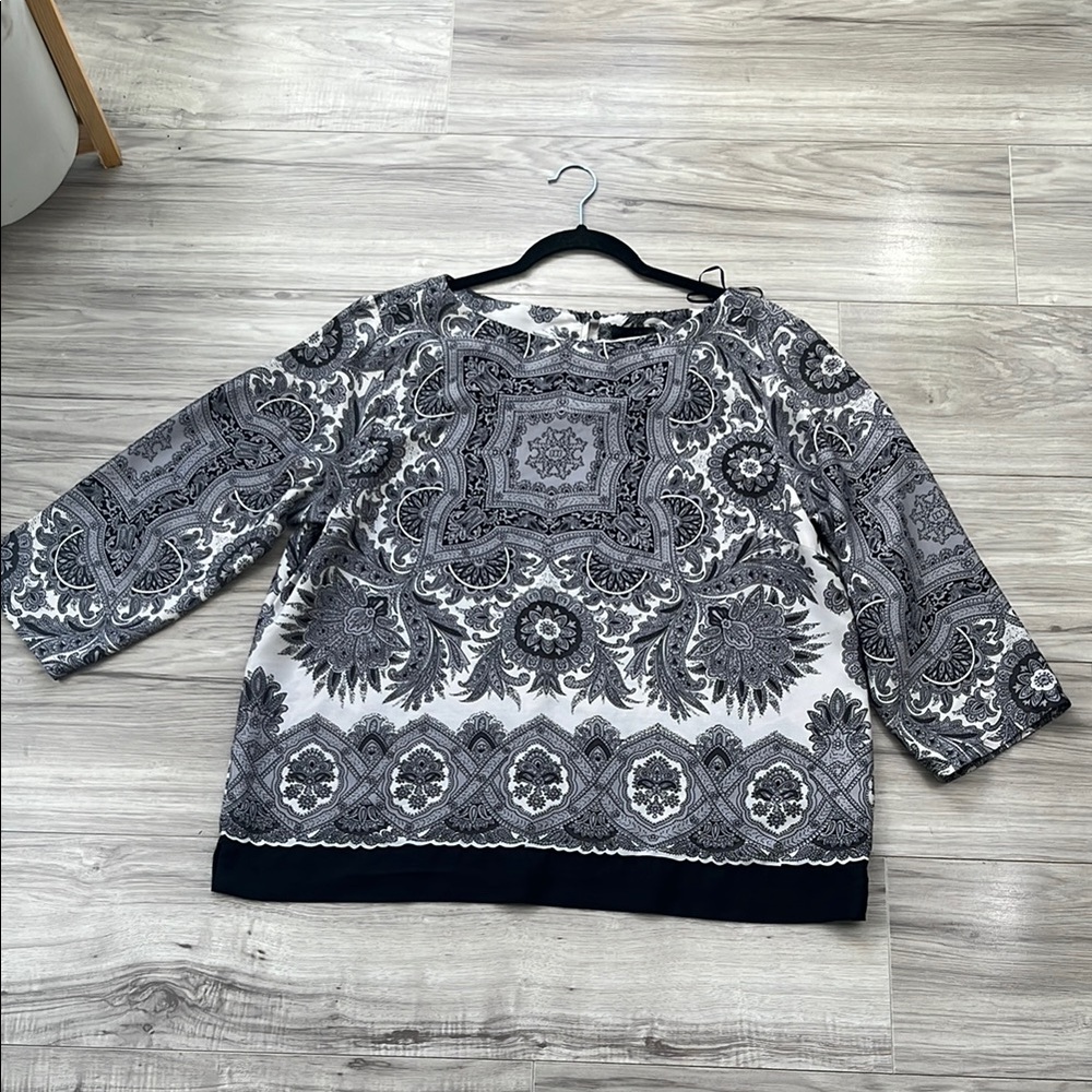 Willi Smith Black and White Relaxed 3/4 Sleeve Blouse